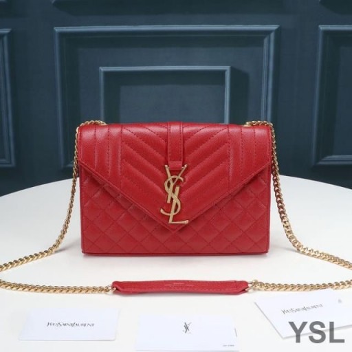 Yves Saint Laurent Small Envelope Chain Bag In Mixed Grained Matelasse Leather Red/Gold