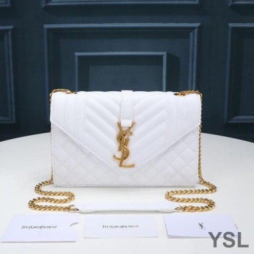 Yves Saint Laurent Small Envelope Chain Bag In Mixed Grained Matelasse Leather White/Gold