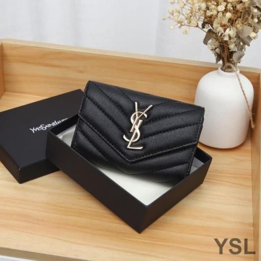 Yves Saint Laurent Small Envelope Flap Wallet In Grained Matelasse Leather Black/Gold