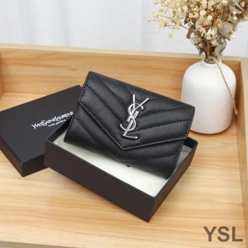 Yves Saint Laurent Small Envelope Flap Wallet In Grained Matelasse Leather Black/Silver