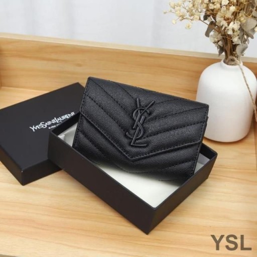Yves Saint Laurent Small Envelope Flap Wallet In Grained Matelasse Leather Black