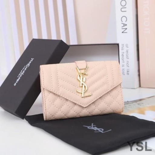 Yves Saint Laurent Small Envelope Flap Wallet In Mixed Grained Matelasse Leather Pink/Gold