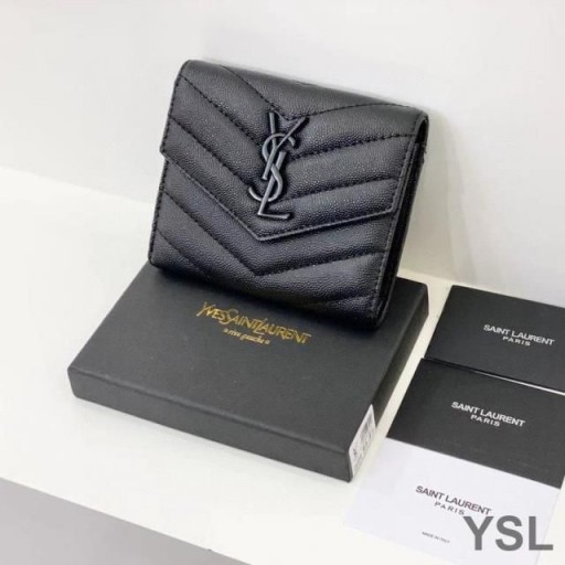 Yves Saint Laurent Small Envelope Trifold Wallet In Grained Matelasse Leather Black
