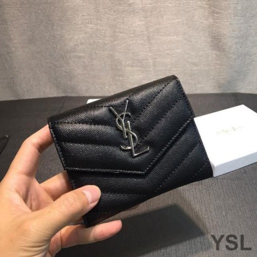 Yves Saint Laurent Small Envelope Trifold Wallet In Grained Matelasse Leather Black/Silver