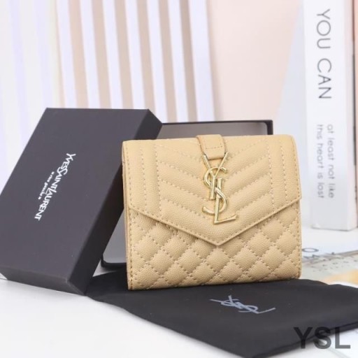 Yves Saint Laurent Small Envelope Trifold Wallet In Mixed Grained Matelasse Leather Apricot/Gold