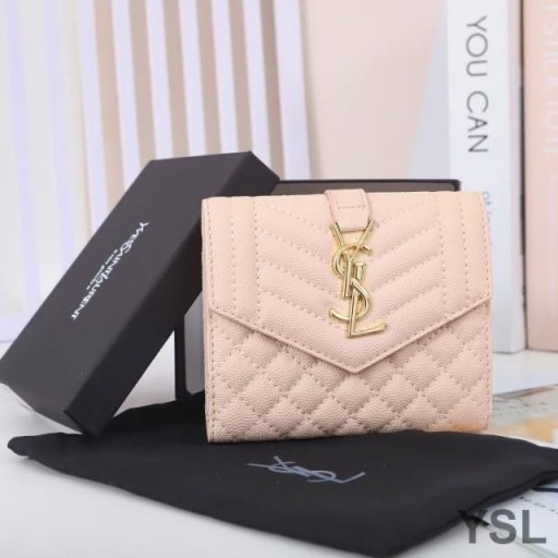 Yves Saint Laurent Small Envelope Trifold Wallet In Mixed Grained Matelasse Leather Pink/Gold