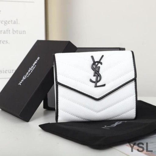 Yves Saint Laurent Small Envelope Trifold Wallet In Mixed Grained Matelasse Leather White/Black