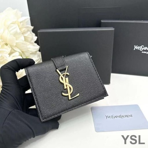 Yves Saint Laurent Small Line Bifold Wallet In Grained Leather Black/Gold