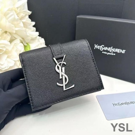 Yves Saint Laurent Small Line Bifold Wallet In Grained Leather Black/Silver