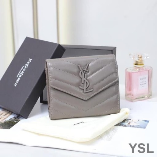 Yves Saint Laurent Small Monogram Trifold Wallet In Crinkled Matelasse Leather Grey