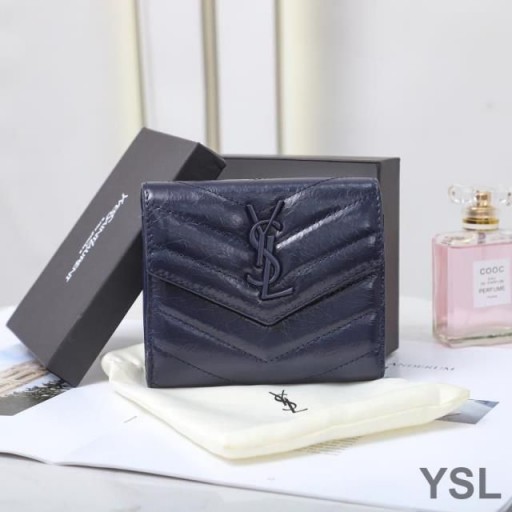 Yves Saint Laurent Small Monogram Trifold Wallet In Crinkled Matelasse Leather Navy Blue