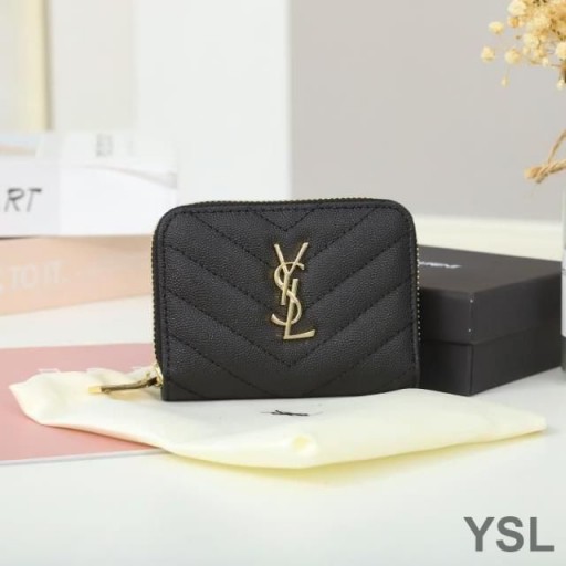 Yves Saint Laurent Small Monogram Zip Around Wallet In Grained Matelasse Leather Black/Gold