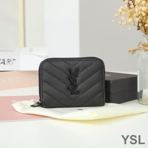 Yves Saint Laurent Small Monogram Zip Around Wallet In Grained Matelasse Leather Black