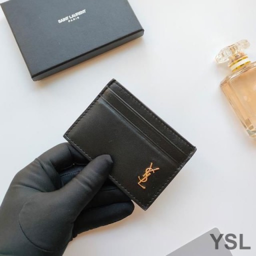 Yves Saint Laurent Tiny Monogram Card Case In Smooth Leather Black/Gold