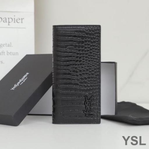 Yves Saint Laurent Tiny Monogram Continental Wallet In Crocodile Embossed Leather Black