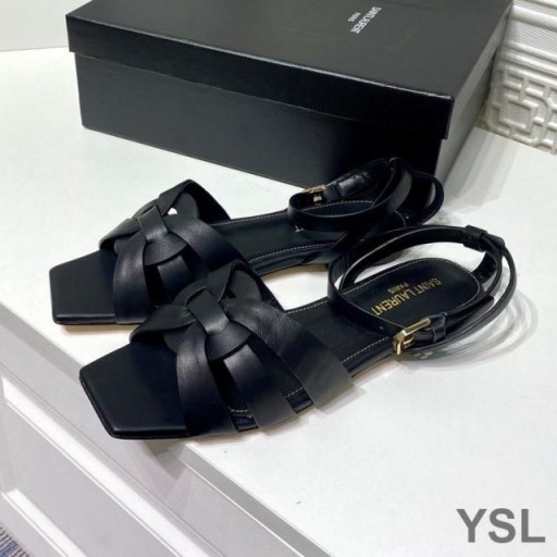 Yves Saint Laurent Tribute Flat Sandals In Smooth Leather Black