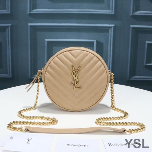 Yves Saint Laurent Vinyle Round Camera Bag In Grained Matelasse Leather Apricot/Gold