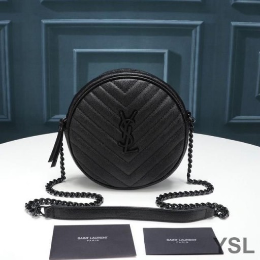 Yves Saint Laurent Vinyle Round Camera Bag In Grained Matelasse Leather Black