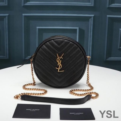 Yves Saint Laurent Vinyle Round Camera Bag In Grained Matelasse Leather Black/Gold