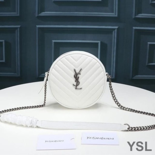 Yves Saint Laurent Vinyle Round Camera Bag In Grained Matelasse Leather White/Silver