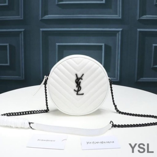 Yves Saint Laurent Vinyle Round Camera Bag In Grained Matelasse Leather White