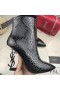 Yves Saint Laurent Opyum Ankle Boots In Stone Grain Leather With Black Heel Black
