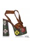 Yves Saint Laurent Paige Platform Sandals In Suede With Floral Motif Brown