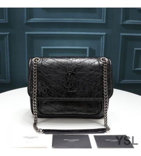 Yves Saint Laurent Baby Niki Chain Bag In Crinkled And Quilted Leather Black/Silver
