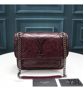 Yves Saint Laurent Baby Niki Chain Bag In Crinkled And Quilted Leather Burgundy/Silver