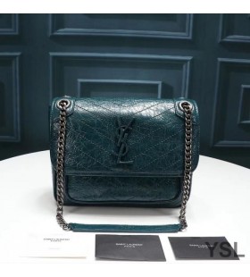 Yves Saint Laurent Baby Niki Chain Bag In Crinkled And Quilted Leather Green/Silver