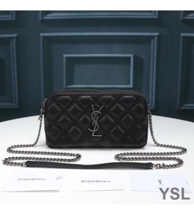 Yves Saint Laurent Becky Double-Zip Pouch In Diamond-Quilted Lambskin Black/Silver