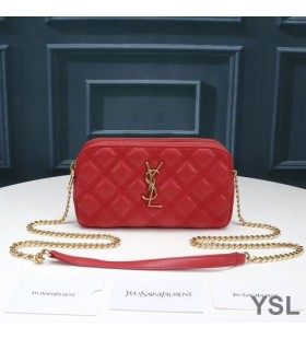 Yves Saint Laurent Becky Double-Zip Pouch In Diamond-Quilted Lambskin Red/Gold