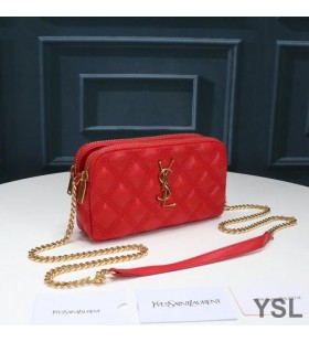 Yves Saint Laurent Becky Double-Zip Pouch In Diamond-Quilted Lambskin Red/Gold