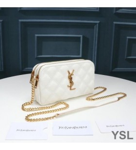Yves Saint Laurent Becky Double-Zip Pouch In Diamond-Quilted Lambskin White/Gold