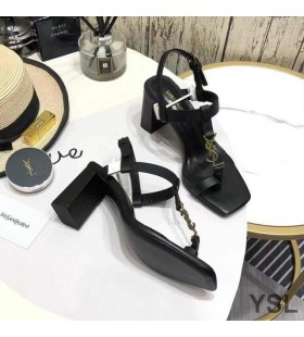 Yves Saint Laurent Cassandra Heeled Sandals with Toehold Loop In Smooth Leather Black