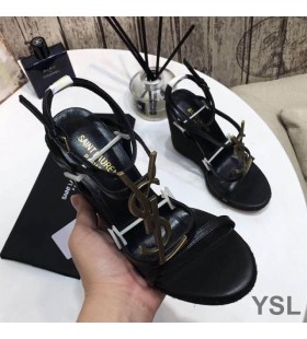 Yves Saint Laurent Cassandra Wedge Espadrilles In Leather Black/Gold