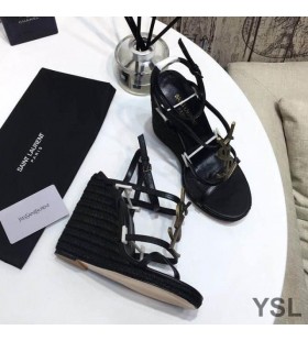 Yves Saint Laurent Cassandra Wedge Espadrilles In Leather Black/Gold