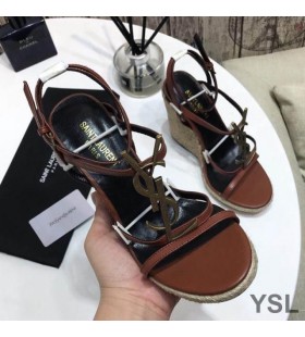 Yves Saint Laurent Cassandra Wedge Espadrilles In Leather Burgundy