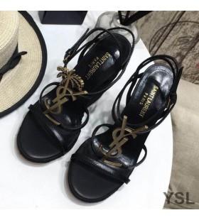 Yves Saint Laurent Cassandra Wedge Espadrilles In Leather with Palm Logo Black