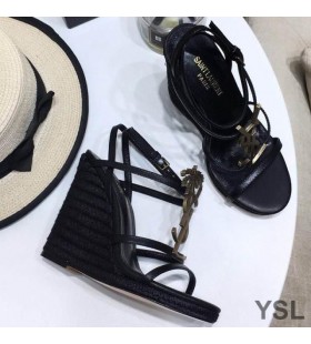 Yves Saint Laurent Cassandra Wedge Espadrilles In Leather with Palm Logo Black