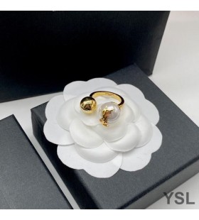 Yves Saint Laurent Cassandre Pearl And Ball Ring In Metal Gold/White