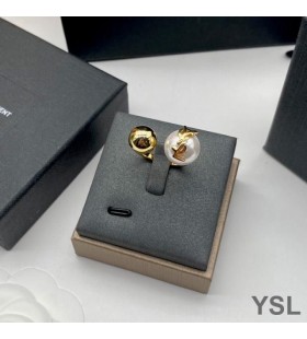 Yves Saint Laurent Cassandre Pearl And Ball Ring In Metal Gold/White