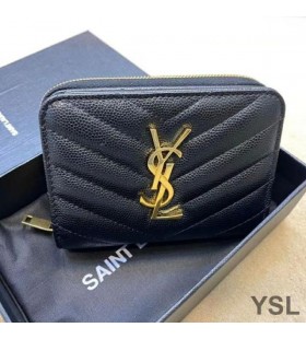 Yves Saint Laurent Compact Zip Around Wallet In Grained Matelasse Leather Black/Gold