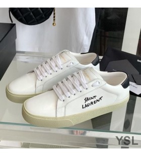 Yves Saint Laurent Court Classic Sneakers In Embroidered Leather with Black Logo White/Black