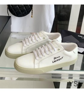 Yves Saint Laurent Court Classic Sneakers In Embroidered Leather with Black Logo White