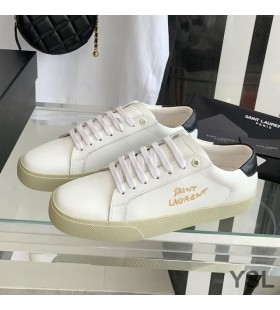 Yves Saint Laurent Court Classic Sneakers In Embroidered Leather with Gold Logo White/Black