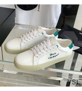 Yves Saint Laurent Court Classic Sneakers In Embroidered Leather with Green Logo White/Green