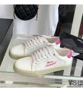 Yves Saint Laurent Court Classic Sneakers In Embroidered Leather with Rose Logo White/Rose