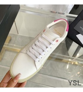 Yves Saint Laurent Court Classic Sneakers In Embroidered Leather with Rose Logo White/Rose