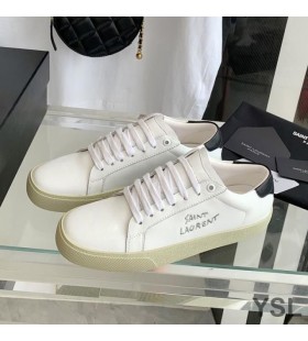 Yves Saint Laurent Court Classic Sneakers In Embroidered Leather with Silver Logo White/Black